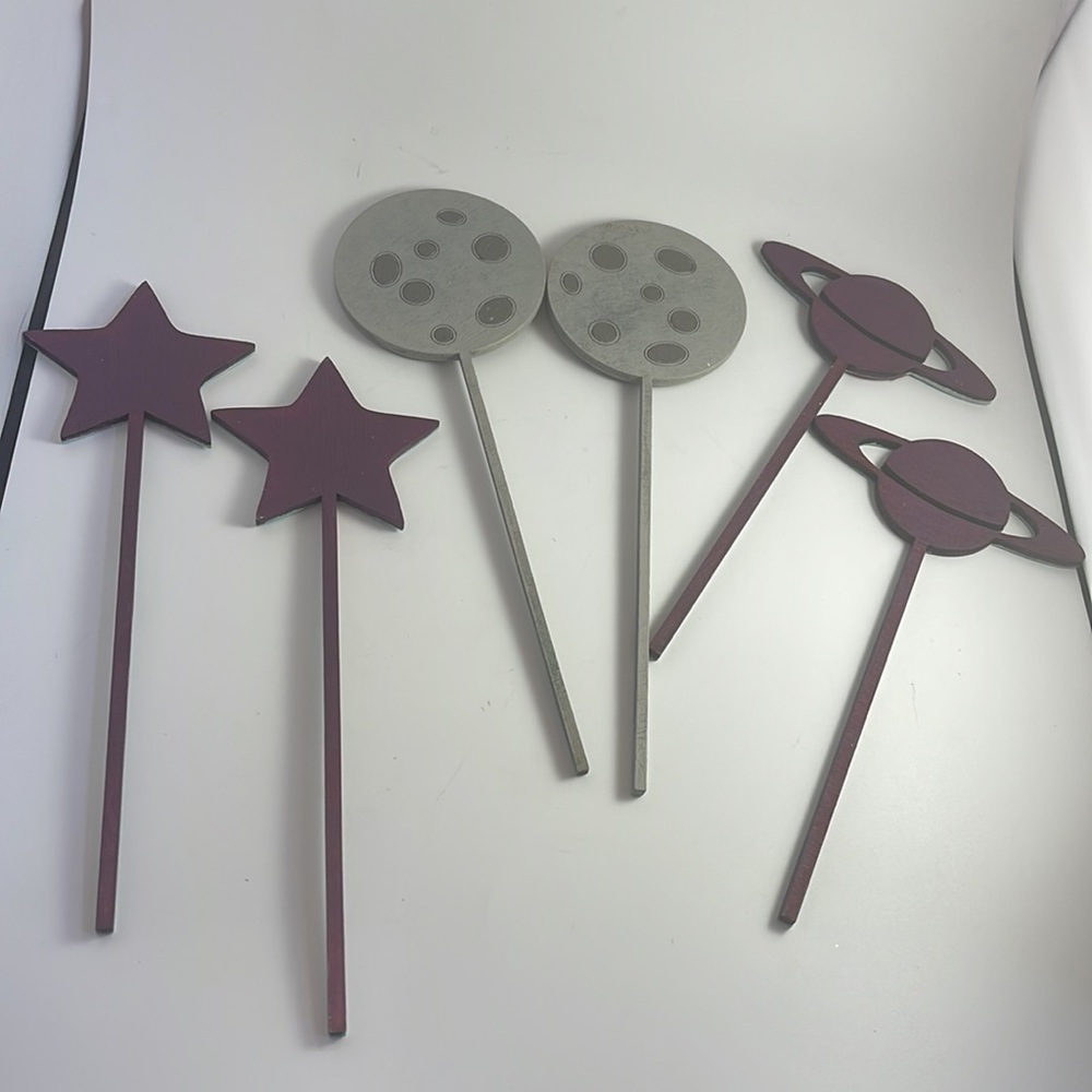 Outer Space Cake Toppers Wood NEW Set of 6 - Picture 5 of 9